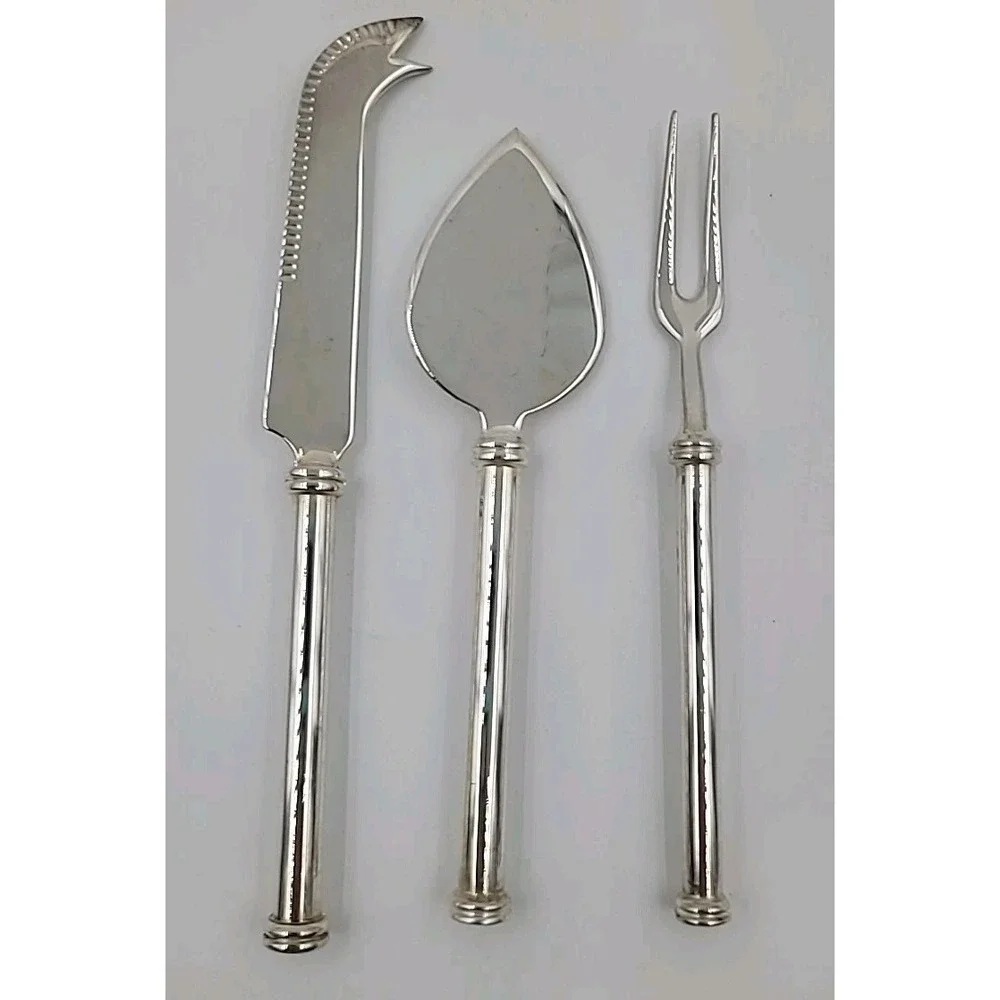 VTG 3 Pc Cheese Knife Spreader Slicer Fruit Fork Set Silverplated Rod Handles